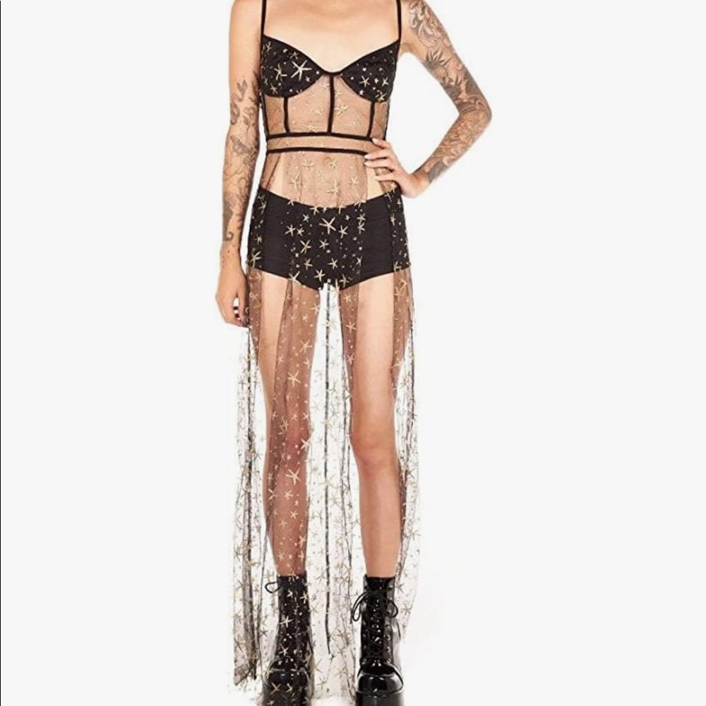 iHeartRaves Sheer Rave Dress Gold Stars